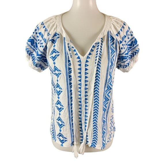Savanna Jane Tops - Savanna Jane White Blue Embroidered Boho Peasant Top Tassel Tie Ethnic Small